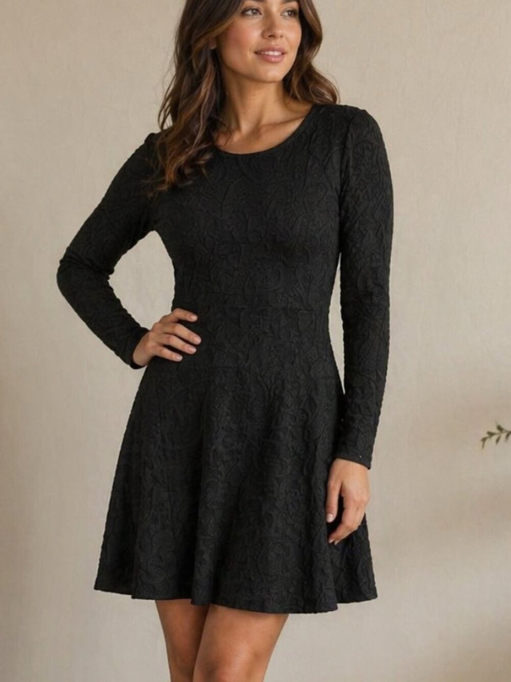 H&M size S, long sleeve black dress with jacquard print, scoop neck